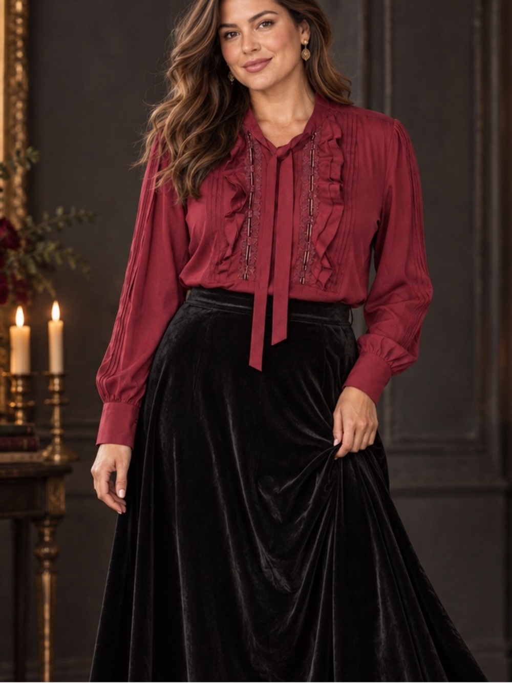 Romantic Burgundy Ruffle Tie-Neck Blouse Large
